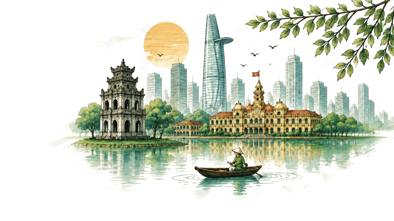 Watercolor illustration of Vietnamese landmarks, a modern skyline, riverside foliage, and a boat on the water